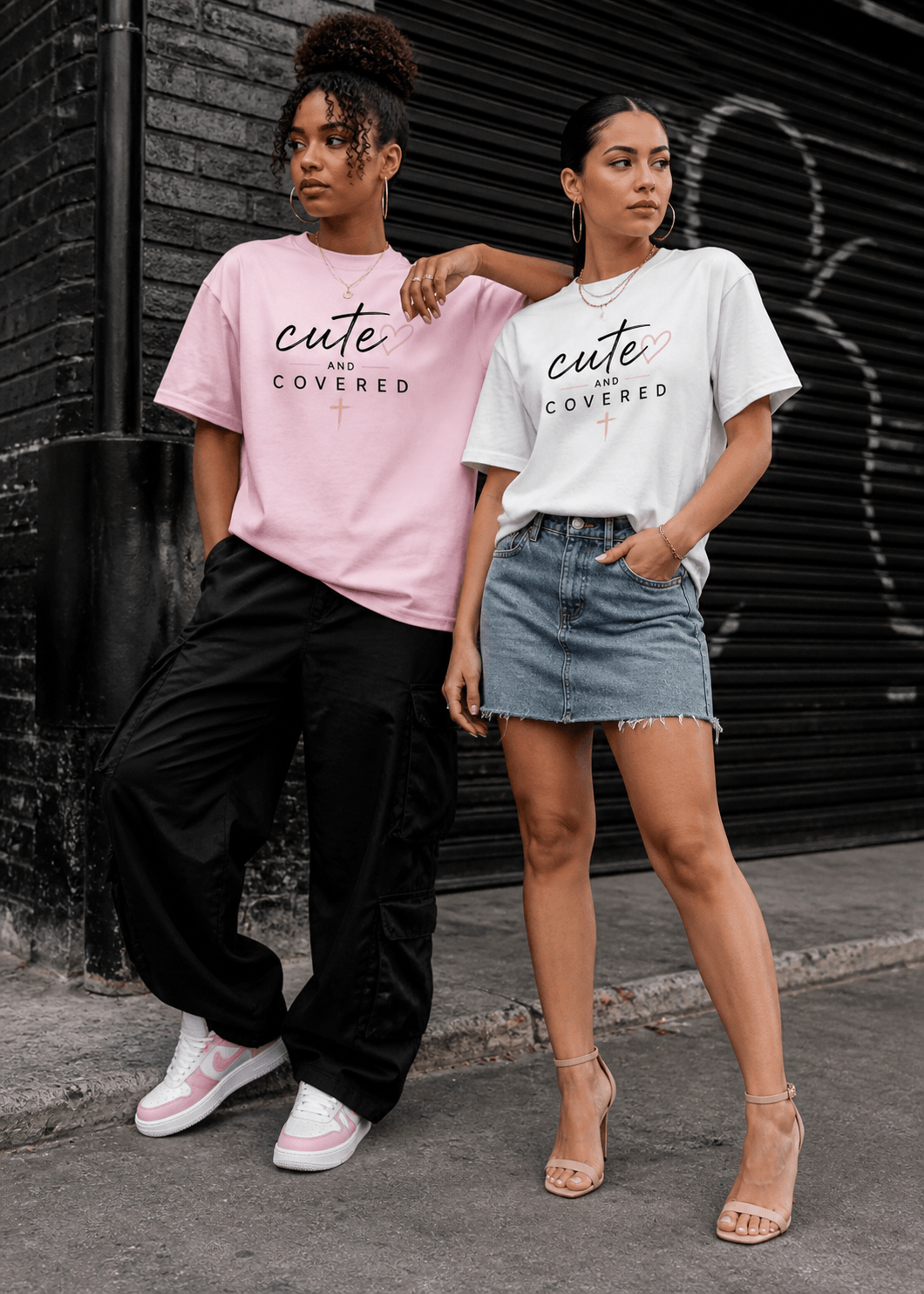Pink T-shirt with 'cute and covered' text and heart design, casual style for women