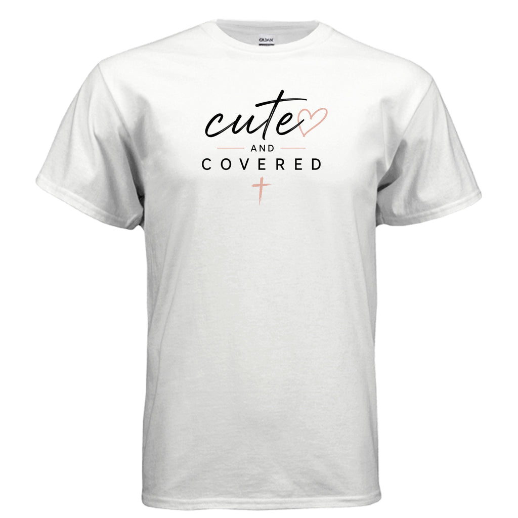 White T-shirt with 'cute and covered' text and heart design, casual style for women