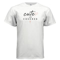 White T-shirt with 'cute and covered' text and heart design, casual style for women