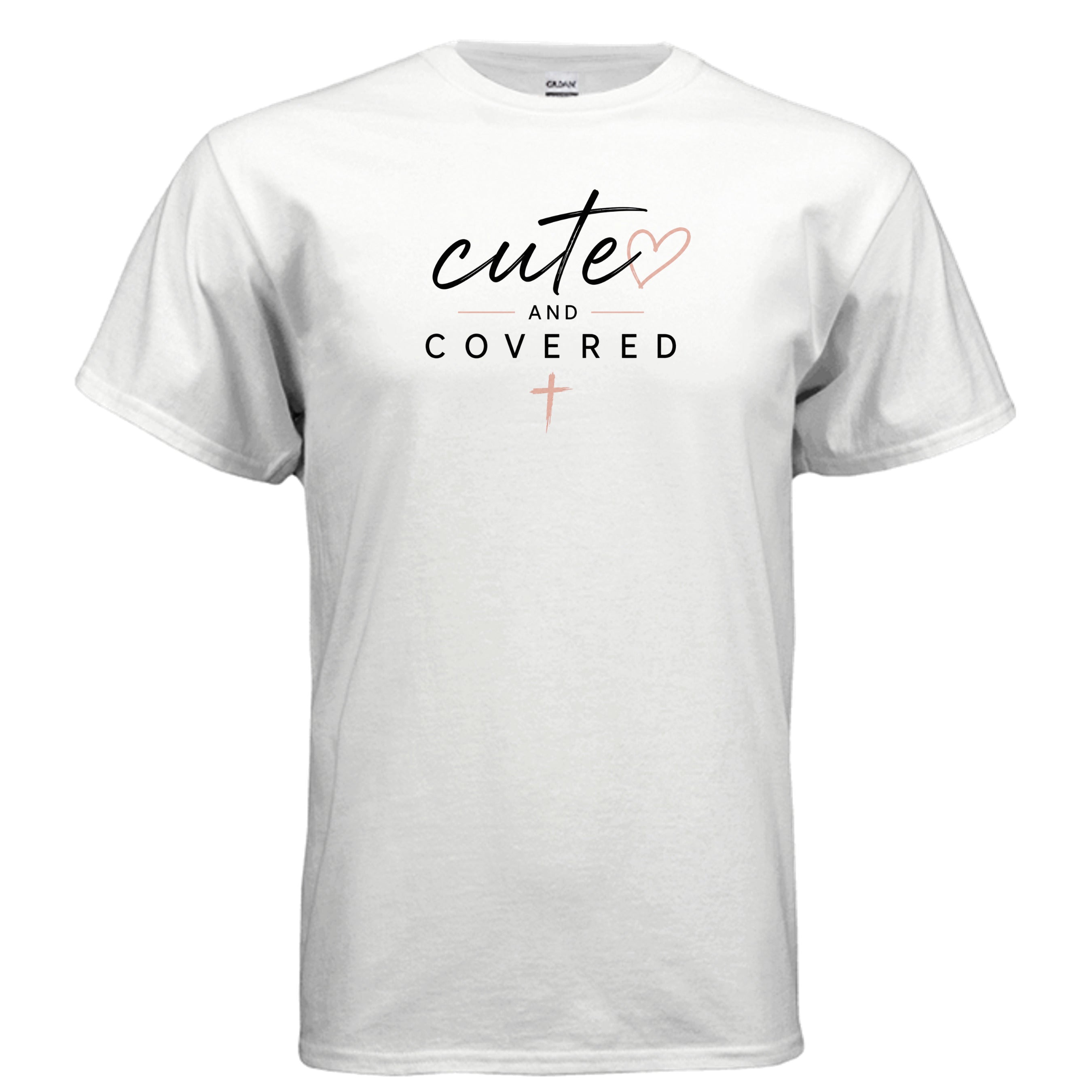 White T-shirt with 'cute and covered' text and heart design, casual style for women