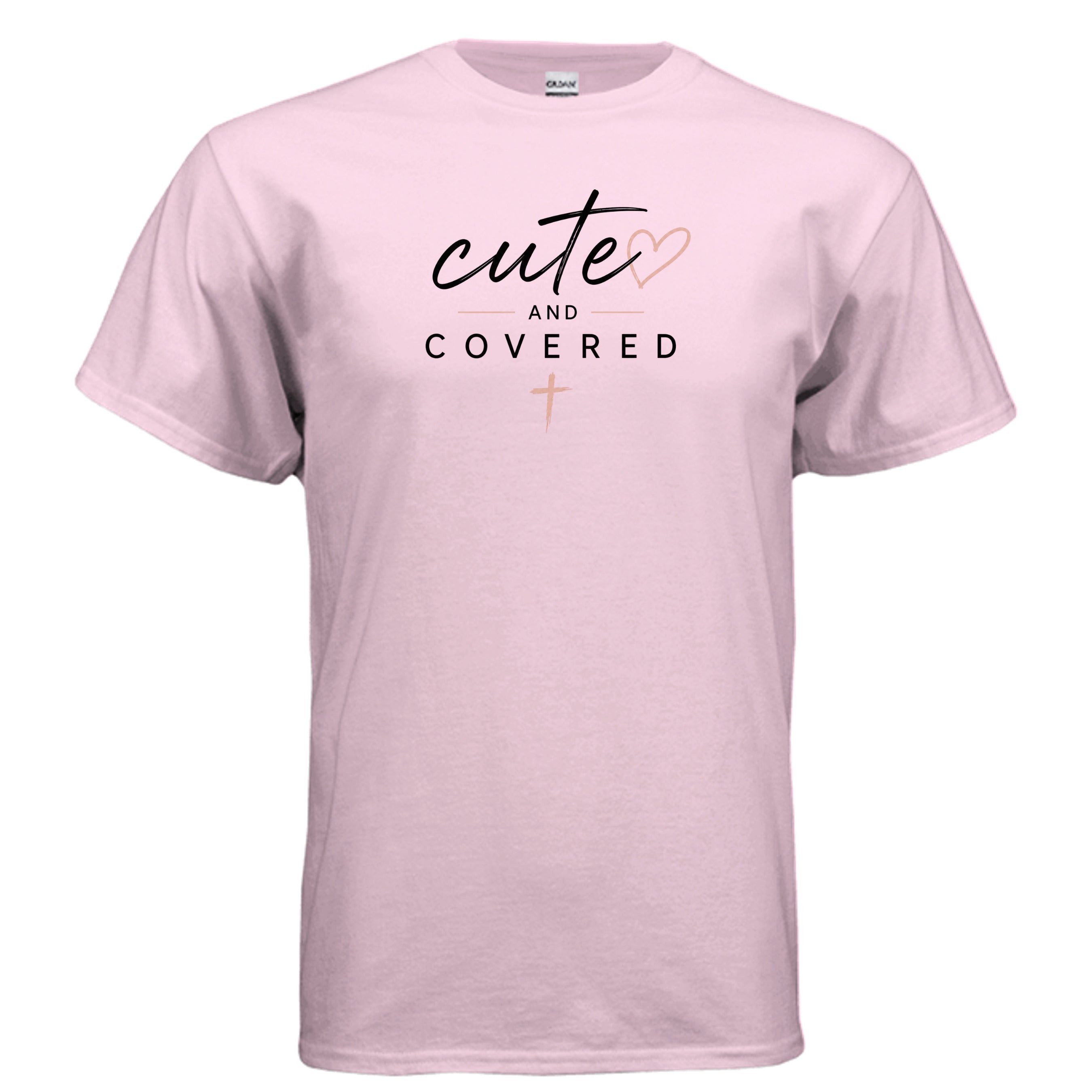 Lavender T-shirt with 'cute and covered' text and heart design, casual style for women